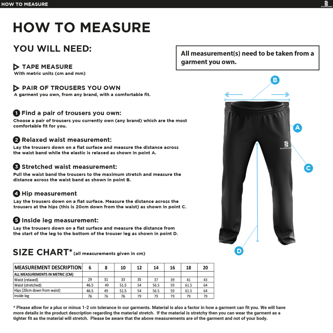 Ladies - Poplin Track Pant - Black - Size Guide