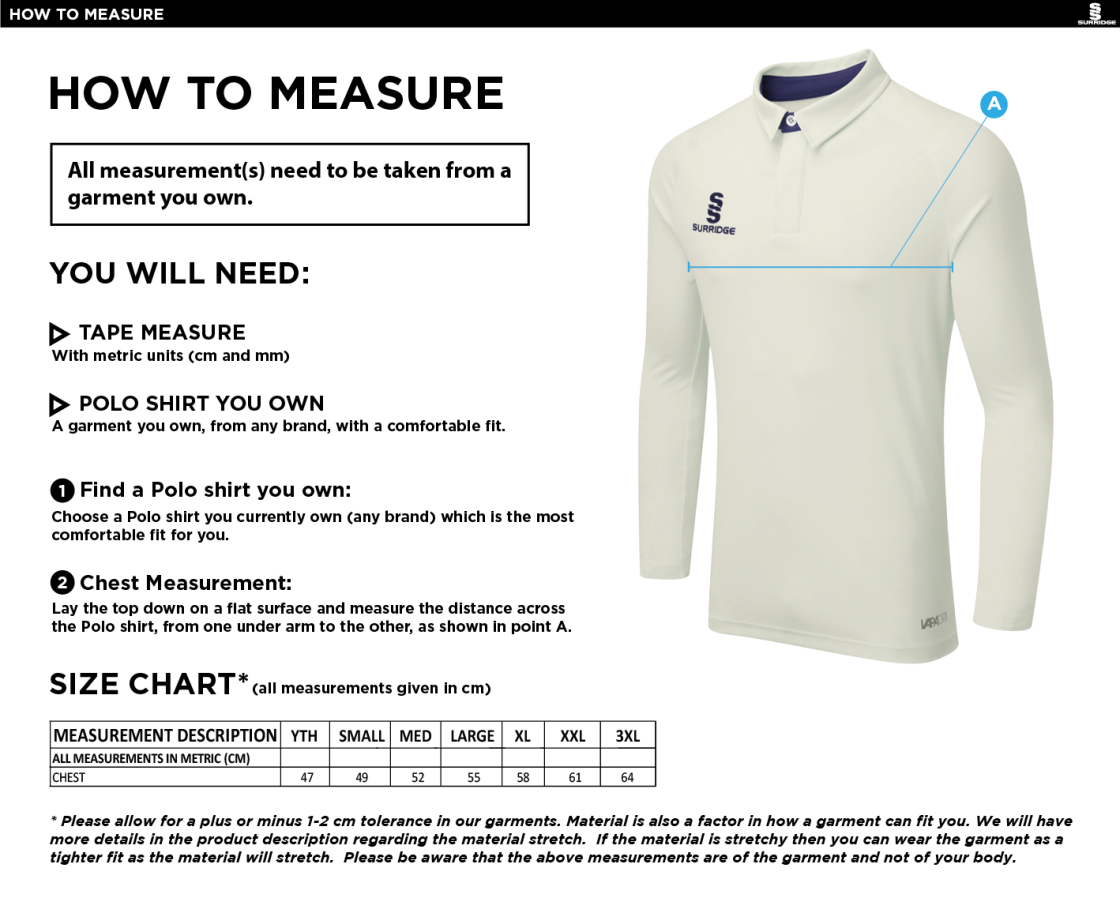 Junior FUSE LONG SLEEVE CRICKET SHIRT - Size Guide