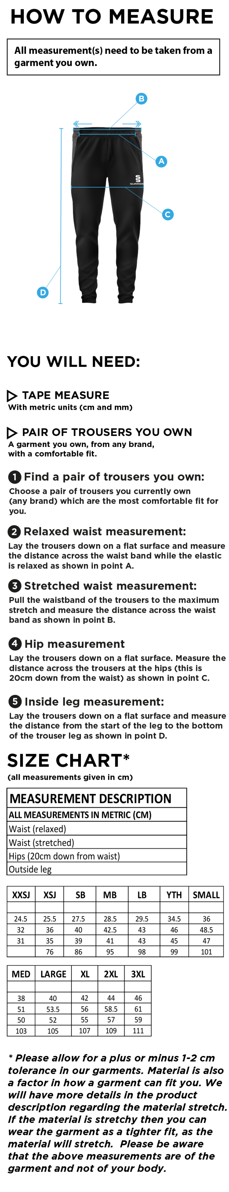 Men's/Juniors - Tek Slim Training Pants - Black - Size Guide