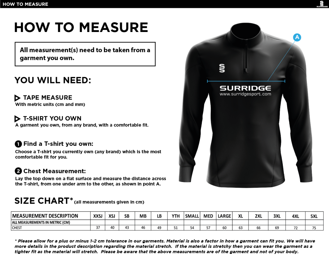 Men's/Juniors - 1/4 Zip Dual Performance Top - Black - Size Guide