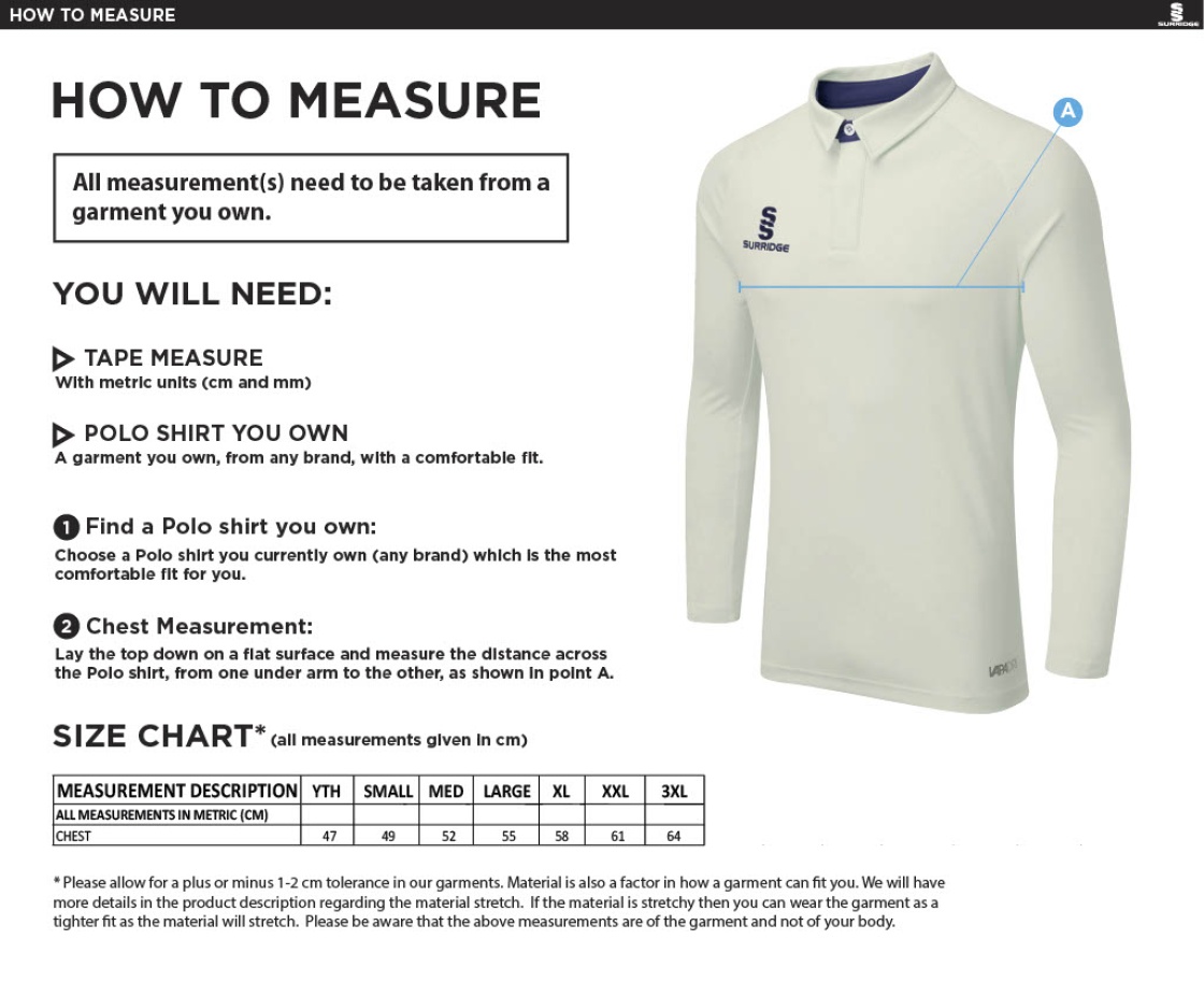 Senior Dual Cricket Shirt Long Sleeve - Size Guide