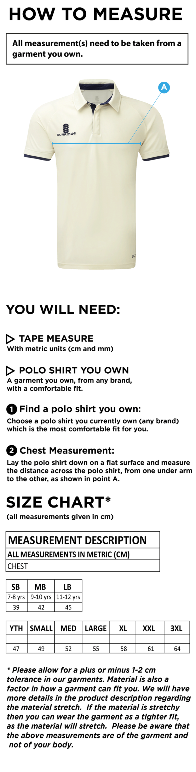 Senior Dual Cricket Shirt Short Sleeve - Size Guide