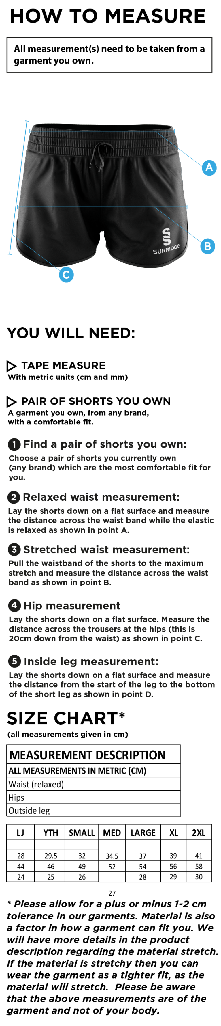 Ladies - Dual Active Short - Black - Size Guide