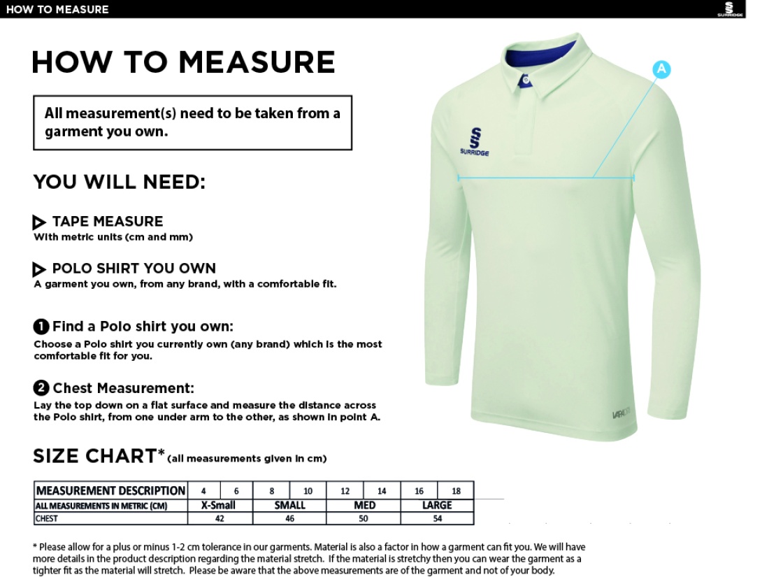 Women's Dual Cricket Shirt Long Sleeve - Size Guide