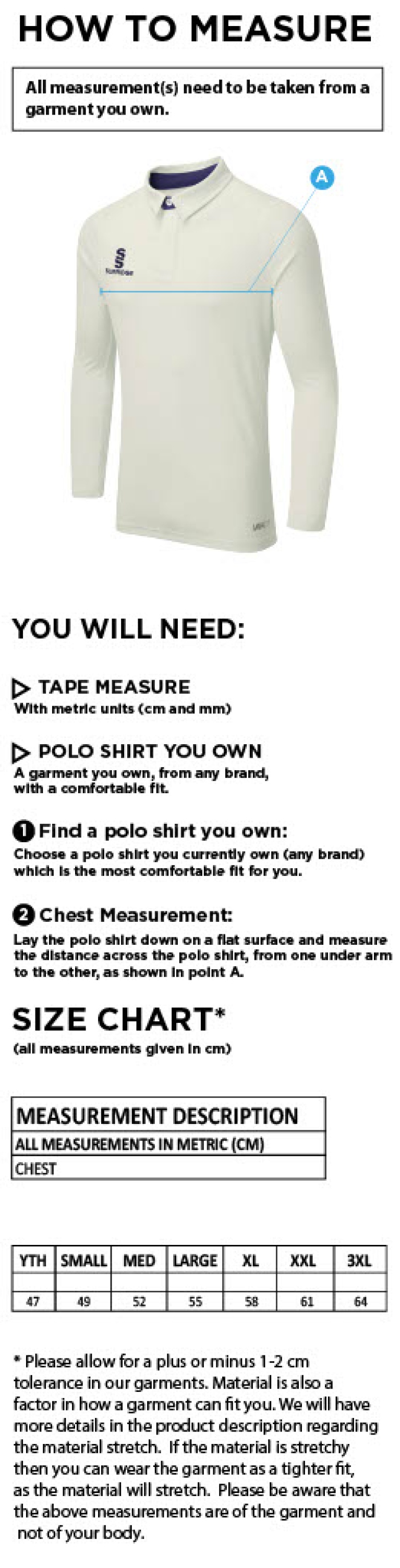 Senior Dual Cricket Shirt Long Sleeve - Size Guide