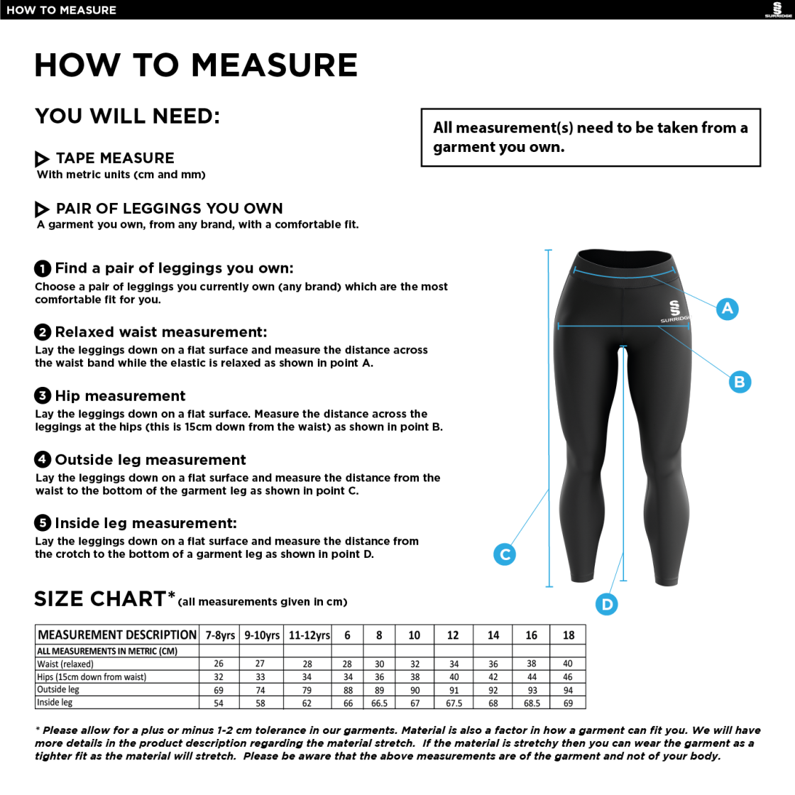 Ladies - Performance Full Length Leggings - Black - Size Guide